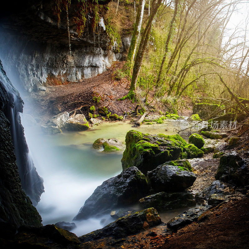 大石笋瀑布钙质岩石形成称为Pain de Sucre在Ain部森林在法国